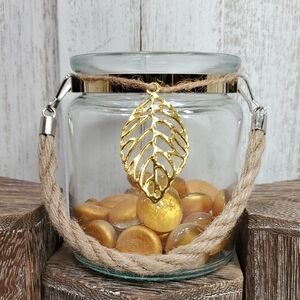 Glass Jar Vase with Twine Handle & Decorative Gold Glass Gems & Leaf Accent